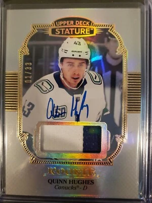 Rare 2019-20 Stature Rookie Card Auto Patch #1/33 - Quinn Hughes Vancouver - Image 1 of 2