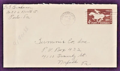 US #U543 PONY EXPRESS RIDER PORTSMOUTH VIRGINIA COVER TO NORFOLK 1960 - Image 1 of 2