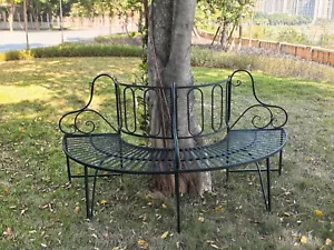 Metal Garden Bench Semi-Circle Black Tree Wrap Chair Garden Decor Seat - Picture 1 of 7