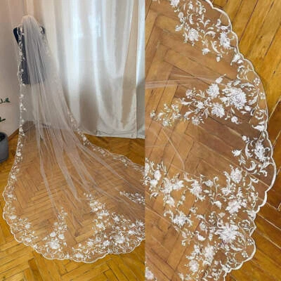 Wedding Bridal Veil Flower Applique Lace Wave Edge Cathedral Length With Comb - Image 1 of 4