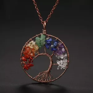 7 Chakra Tree Of Life Pendant Necklace Crystal Quartz Chip Stone Bronze 5cm Gift - Picture 1 of 5