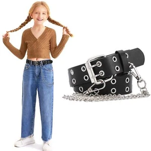 Kids Double Grommet Belts With Holes for Girls Boys PU Leather Two Row Gromme... - Picture 1 of 8