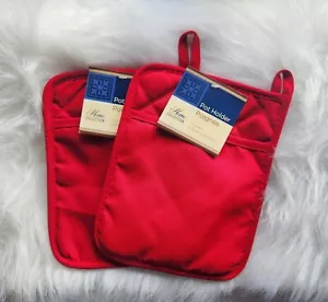 RED - 2pk Pocketed Quilted Cotton Kitchen PotHolders Heat Resistant - Picture 1 of 1