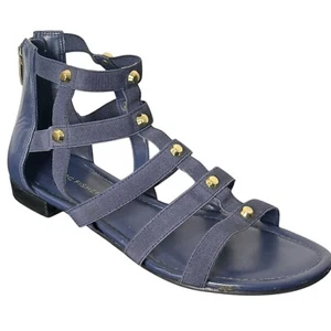 Marc Fisher Gladiator Sandals Womens 8 Blue Gold Studded Ankle Strap Zipper Back - Picture 1 of 12