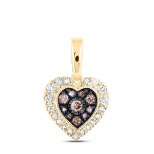 10K Yellow Gold Womens Round Brown Diamond Heart Pendant 1/4 Cttw - Picture 1 of 2