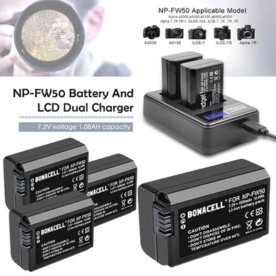 BONACELL Batería 2/4X NP-FW50 + Cargador Para Sony Alpha 6000 6300 6400 6500 A7R Batería DE