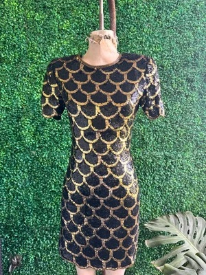 Scalloped Sequin Black Gold Dress as seen on Katy Perry size Small Vintage 1980s - Image 1 of 4