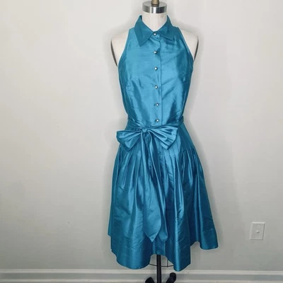 Lauren Ralph Lauren Dress 100% Silk Sleeveless Pearl Button Front Sash Teal Sz 4 - Image 1 of 4