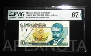 MEXICO 10 NUEVOS PESOS 1992 1994 P99 PMG 67 SUPERB GEM UNC EPQ ZAPATA SERIES M - Picture 1 of 4