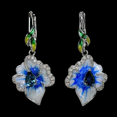 GENUINE LONDON BLUE TOPAZ & WHITE CZ STERLING 925 SILVER ENAMEL FLOWER EARRING - Image 1 of 4