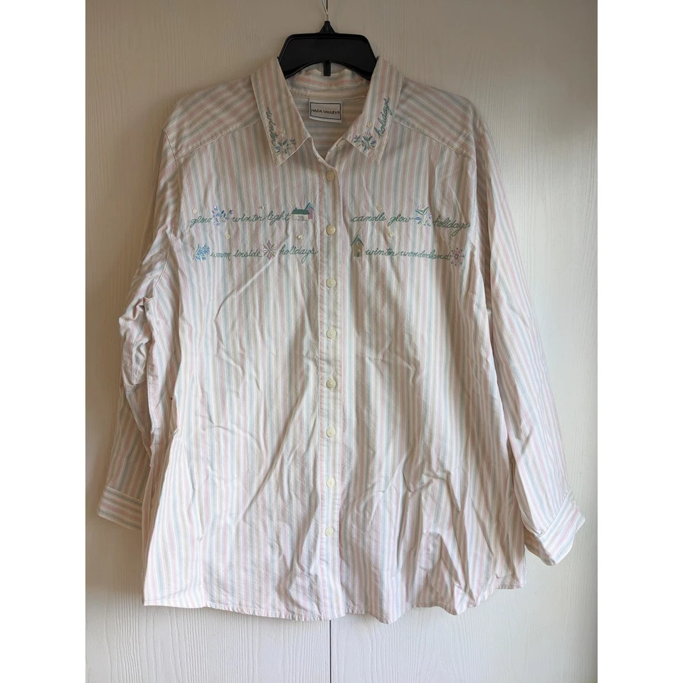 Camisa listrada Napa Valley feminina manga longa verde rosa tamanho 1X - Imagem 1 de 3