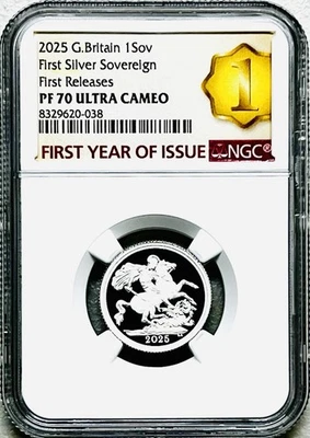 2025 GREAT BRITAIN 1SOV SILVER PROOF SOVEREIGN PF70 FIRST RELEASES YEAR OF ISSUE - Image 1 of 3