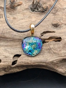 Purple Blue Gold Multicolor Glass Dichroic necklace With Gold Plated bail #292 - Picture 1 of 5