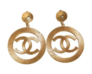 CHANEL CC Dangle Hoop Earrings Clip-On Gold 27 Plated Made in France - Picture 1 of 4