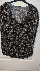 Pretty Cotton Black floral frill Neckline blouse 16 New Look New Without Tags - Picture 1 of 4