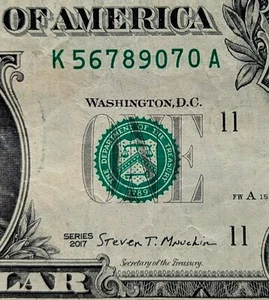 Billete de $1 2017 serie elegante, escalera de seis dígitos.  K 56789070 A - Imagen 1 de 4