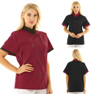 Womens Short Sleeve Hotel Kitchen Chef Coat Mandarin Collar Jacket Workwear - Picture 1 of 35