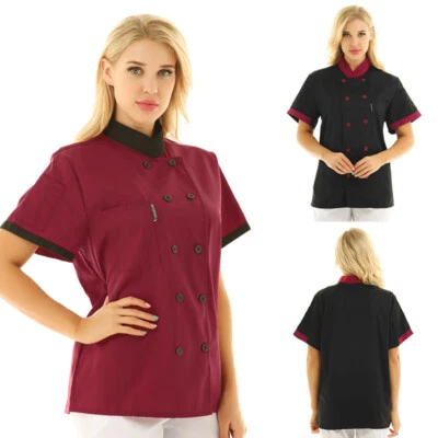 Womens Short Sleeve Hotel Kitchen Chef Coat Mandarin Collar Jacket Workwear - Image 1 of 2