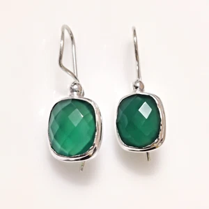 Natural Green Onyx Cushion Dangle Statement Earrings 925 Silver Dainty Earrings - Picture 1 of 11
