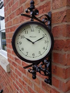 Garden Wall Station Clock Thermometer  Ornament double sided Bracket Rust Effect - Picture 1 of 8