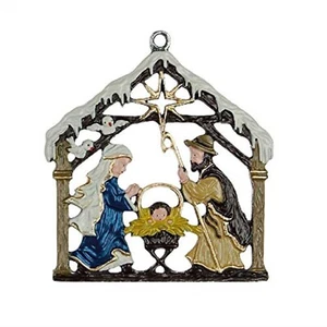 Nativity with Snow German Pewter Christmas Ornament Holy Family Decoration New - Picture 1 of 3
