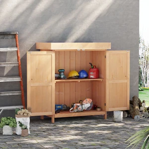 Outdoor Garden Storage Shed Tool Wooden Box w/ Hinged Roof 74x43x88cm, Natural - Picture 1 of 11