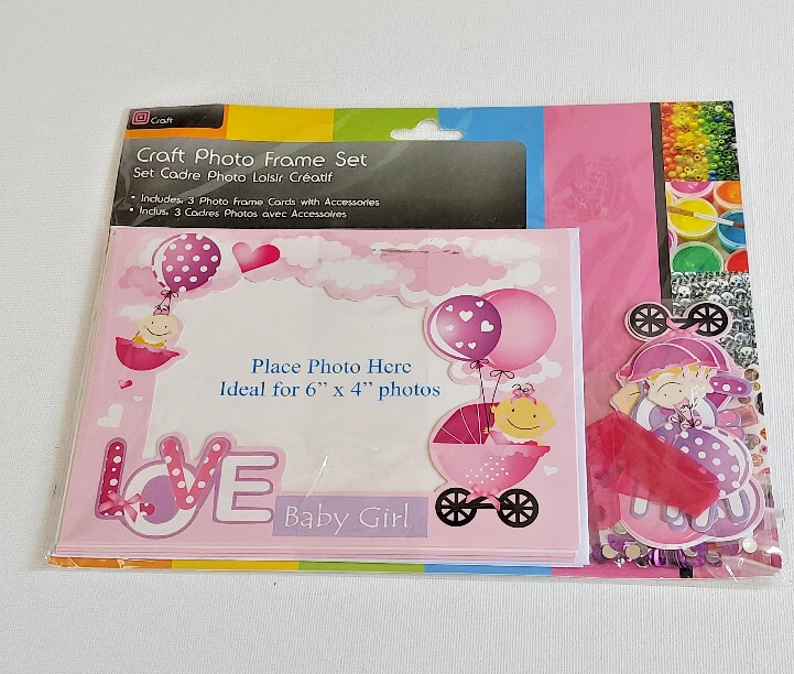 3 PHOTO FRAME CRAFT CARDS  for "6 x 4" PHOTOS - BABY GIRL PRAMS JEWELS RIBBON - Image 1 of 1