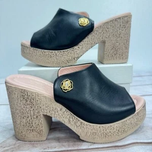 Atica Love In Black Leather Open Toe Platform Heels Gold Flower Rhinestone - Picture 1 of 13