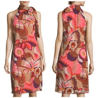 Nuevo Vestido Halter TRINA TURK Estampado Cachemira Seda Sin Mangas Midi Rosa Talla 0 Foto 1 de 4