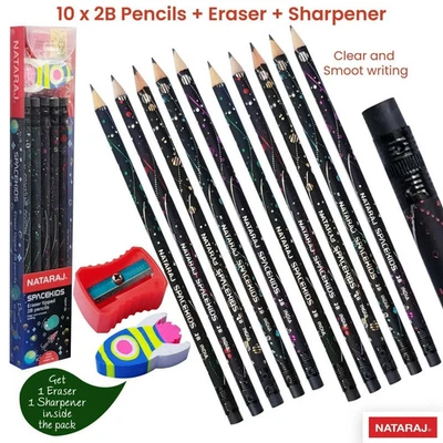 HIGH QUALITY Wooden 2B Bonded Lead Rubber Tipped Pencils Sharpener Eraser Pack  - Image 1 of 4