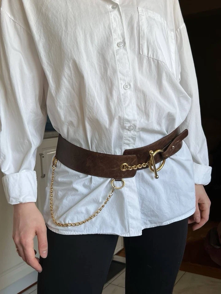 MARNI Belt Womens Large Leather Brown Gold Meal Details Ring Buckle Chain Italy - Image 1 of 4