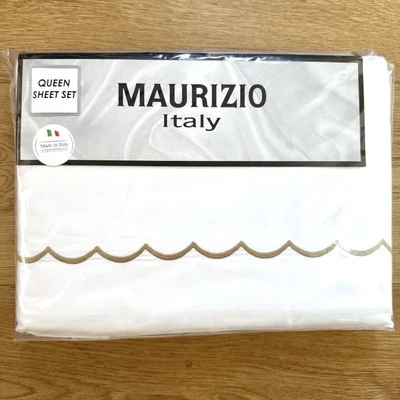 Maurizio Italy QUEEN Sheet SET White with Embroidered Gold Scalloped Trim NEW! - Image 1 of 4