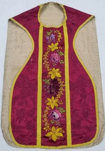 Antiker Seidenbrokat IHS Monogramm & Blumen Kirche Priester Messgewand 106x68cm - Bild 1 von 13