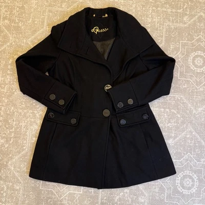 Guess Black Wool Blend Coat Women's Long Sleeve Button Up Fitted Jacket - Image 1 of 4