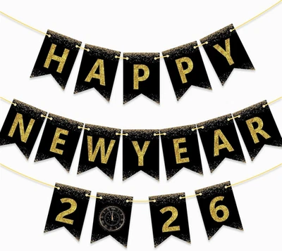 Banner Feliz Año Nuevo 2026 Hágalo Usted Mismo Negro y Dorado Brillo Decoraciones Año Nuevo 2026  Foto 1 de 4