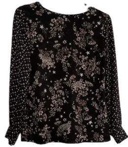 Ladies Black Floral Stars Round Neck Small Split Back Top Size 12/14 - Picture 1 of 5