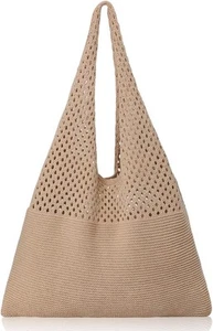 Premillow Crochet Beach Tote Bags, Stylish Mesh Bags Shoulder Bag Khaki - Picture 1 of 8