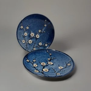 World Market Cherry Blossom 2 Japanese Stoneware Dinner Plates Mottled Blue XLNT - Picture 1 of 8