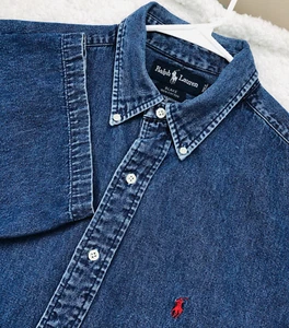 VTG RALPH LAUREN Denim Shirt Mens Large Blue Red Pony Short Sleeve BLAKE Cotton - Picture 1 of 13