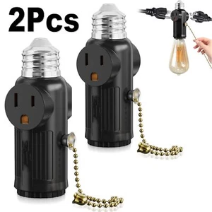 2X Light Socket to Plug Adapter 2/3 Prong Light Bulb Outlet Socket w/ Pull Chain - Picture 1 of 12
