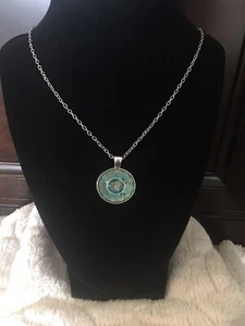 Vintage Mandala Blume Foto Cabochon Glas Tibet Silber Kette Anhänger Halskette - Bild 1 von 2