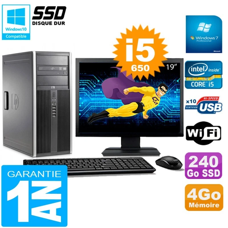PC HP 8100 Tour Pantalla 19" Core I5-650 RAM 4Go SSD 240Go Grabador DVD Wifi W7 - Imagen 1 de 1