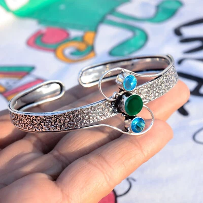 Green Onyx & London Blue Topaz 925 Sterling Silver New Arrival Gift Cuff Bangle - Image 1 of 4