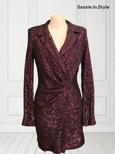 ZARA MINI VESTIDO BLAZER CORTO LENTEJUELAS PUERTO MORADO ESTILO ENVOLVENTE NUEVO TALLA M - Imagen 1 de 6