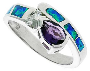 Fine Women Silver Rhodium Plated Opal Inlay Ring Pearshaped Violet Purple 10mm - Picture 1 of 1