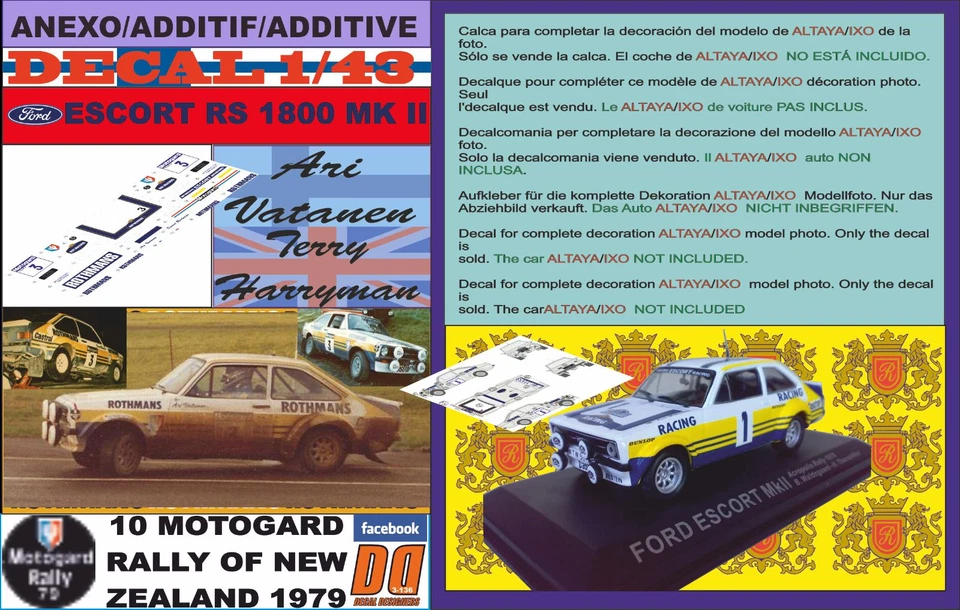 ANEXO DECAL 1/43 FORD ESCORT RS 1800 MK II ROTHMANS A.VATANEN R NEW ZEALAND (08) - Image 1 of 1