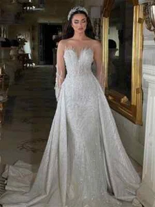 Luxury Beaded Embroidery Mermaid Wedding Dresses Detachable Train Bridal Gowns - Picture 1 of 8