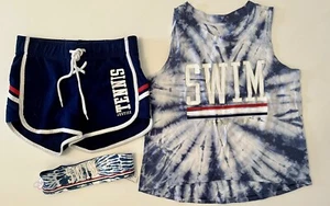NWOT Girls 7/8 JUSTICE Navy Blue SWIM TENNIS Shorts High Low Tank Top & Headband - Picture 1 of 7