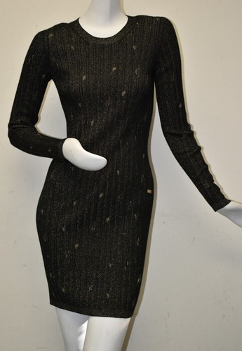 NUOVO Abito a costine Chanel Maglione Filato SETA CASHMERE Nero Oro Metallico CC 38