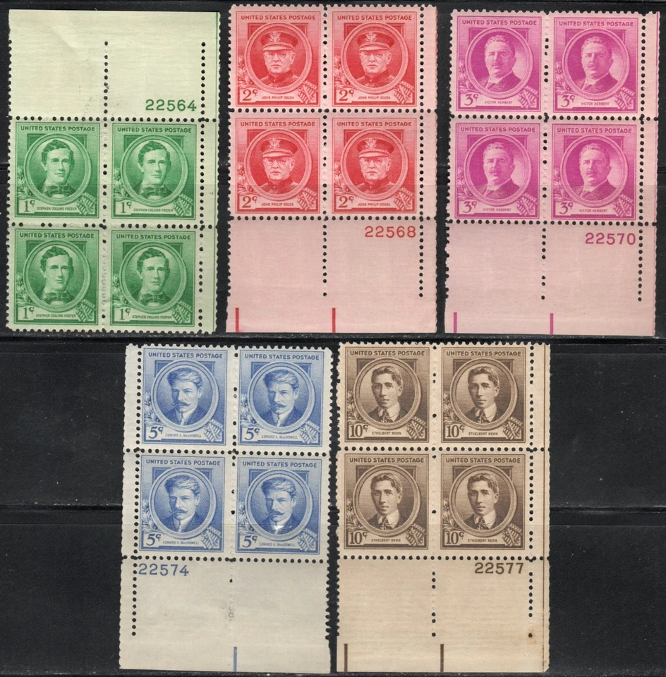 US Scott #879 - 883, Plate blocks of 4, MH "American Composers" - Image 1 of 1